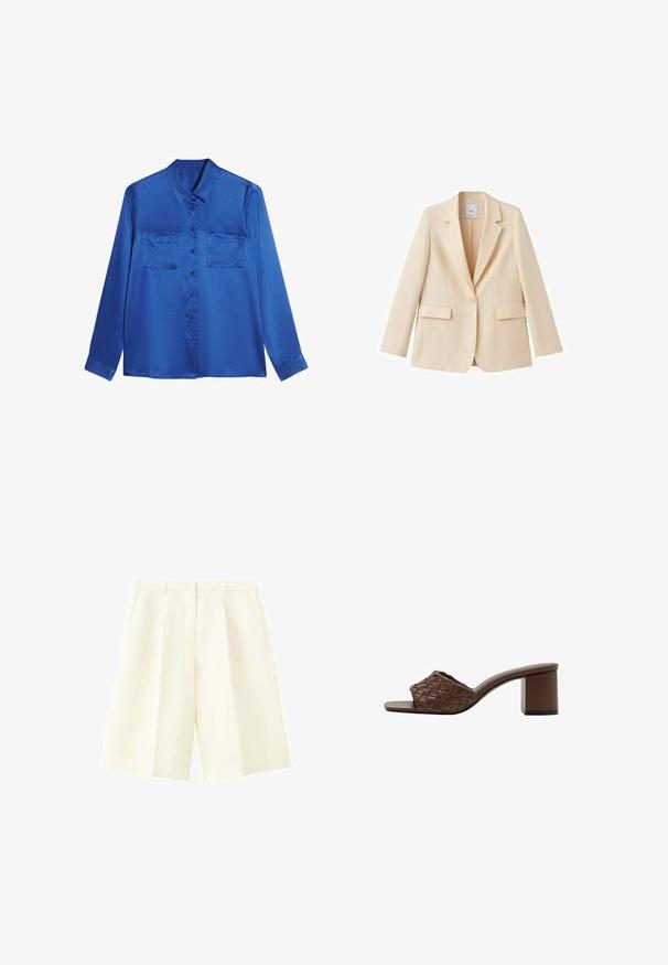Beige blazer met één knoop, versterkte revers, lange mouwen en twee klepzakken, getoond op een witte achtergrond.; Satijnen blauwe blouse met een kraaglijn, lange mouwen, twee borstzakken en knoopsluiting aan de voorkant. Soepele, glanzende textuur.; Hooggetailleerde crèmekleurige op maat gemaakte shorts met riemlussen, voorplooien en zijzakken, afgebeeld tegen een witte achtergrond.; Bruine mule-sandaal met gevlochten leren bovenwerk, open teen en blokhak op een witte achtergrond.