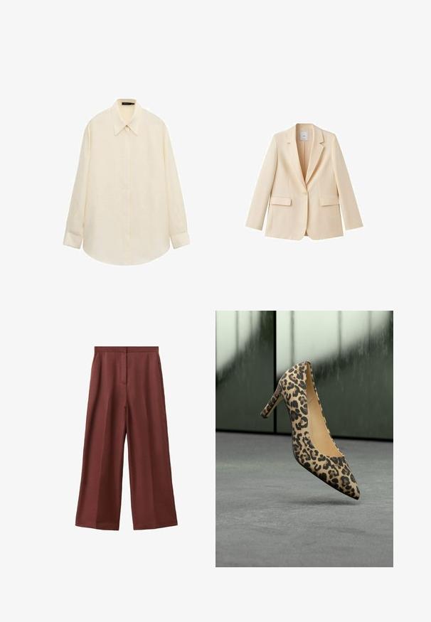 Blazer beige à un bouton avec revers crantés, manches longues et deux poches à rabat, présenté sur fond blanc.; Chemise boutonnée à manches longues de couleur crème avec col pointu et patte de boutonnage cachée, posée à plat sur un fond blanc.; Pantalon marron à jambes larges avec taille haute et poches latérales, présenté à plat sur fond blanc.; Chaussure à talon haut imprimé léopard avec bout pointu flottant au-dessus d'une surface grise sur un fond de verre flou.