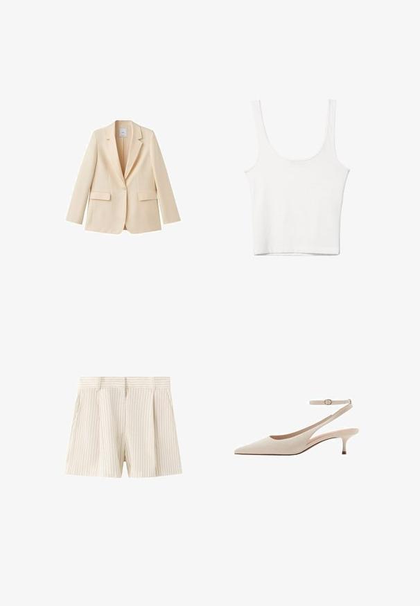 Beige blazer med en enkelt knap, notch revers, lange ærmer og to klaplommer, vist på en hvid baggrund.; Hvid bomulds tanktop med en rundet halsudskæring, uden ærmer og en tætsiddende pasform. Glat tekstur, ensartet design og minimale syninger.; Beige shorts med høj talje med tynde, lodrette brune striber, forreste plisseringer, sidelommer og bæltestropper, vist mod en hvid baggrund.; Spids-tået beige slingback pump med en slank hæl og justerbar ankelrem. Glat tekstur med minimalistisk design og ingen synlige mønstre.