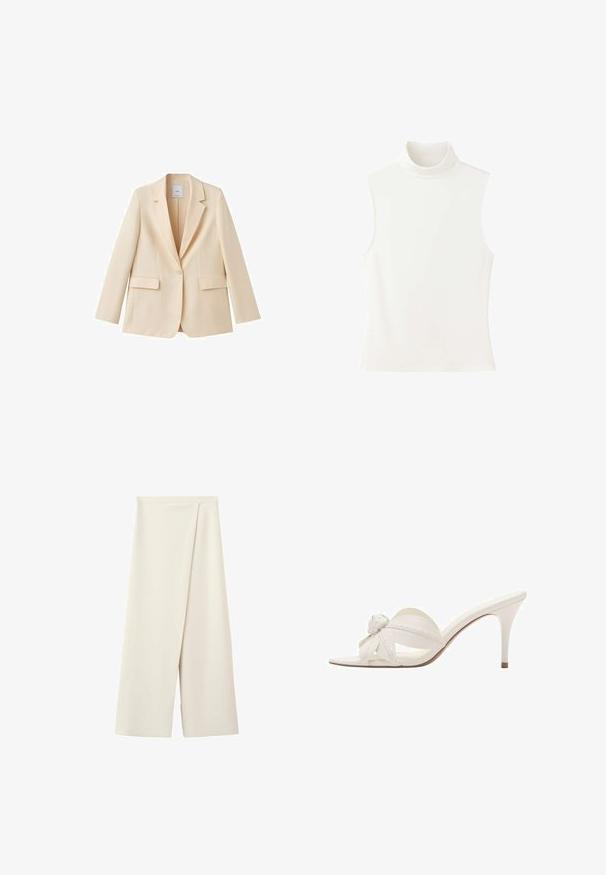 Blazer beige à un bouton avec revers crantés, manches longues et deux poches à rabat, présenté sur fond blanc.; Haut sans manches blanc à col roulé avec une coupe ajustée et un col montant, présenté sur un fond blanc uni.; Pantalon large couleur crème avec une taille haute et un détail de panneau avant superposé.; Mule blanche à talon haut avec ouverture à l'avant, détail décoratif en forme de fleur nouée sur la bride, et talon fin de hauteur moyenne.