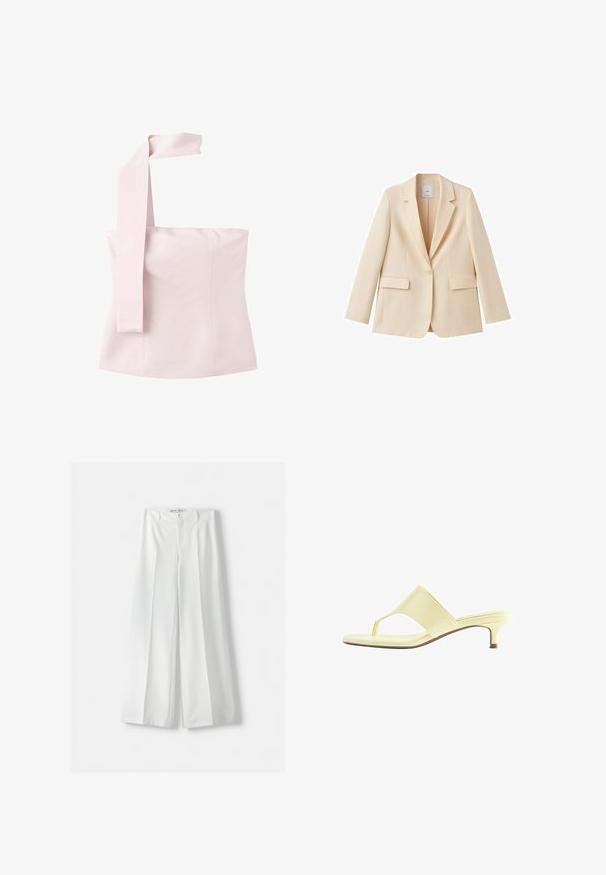 Blazer beige à un bouton avec revers crantés, manches longues et deux poches à rabat, présenté sur fond blanc.; Haut asymétrique rose clair sans bretelles avec une large sangle tombant sur une épaule, ajusté avec des détails de coutures.; Pantalons amples blancs avec une taille haute, un pli central et une fermeture à bouton classique. Fabriqués dans un tissu lisse avec un design ajusté.; Sandale à talon jaune clair avec bride entre les orteils et petit talon kitten, vue de profil sur fond blanc.