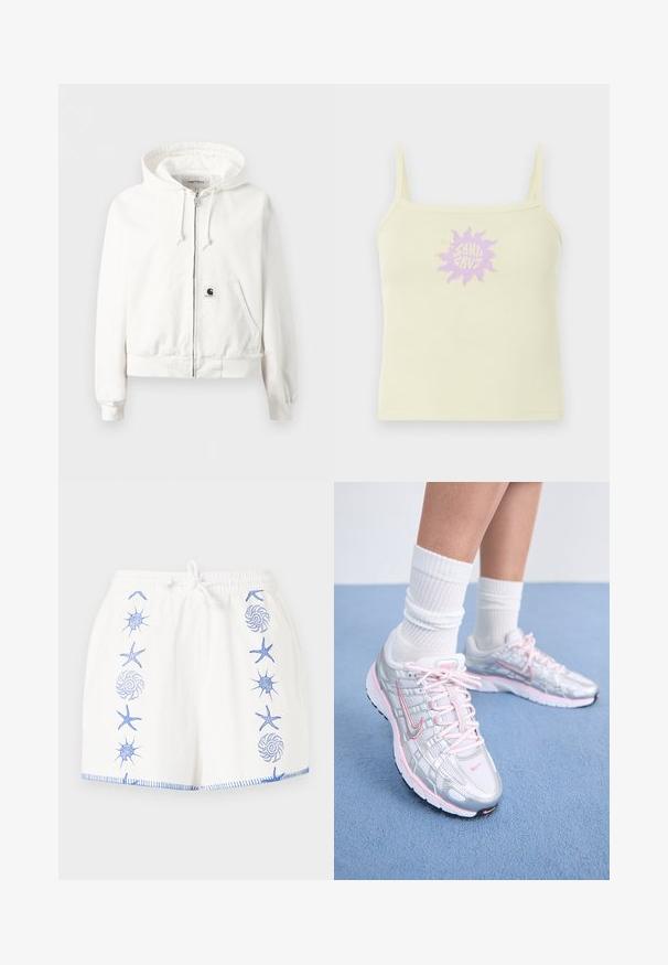 Hvid zip-up hættetrøje med snøre i hætten, forlommer, ribbet kant på ærmer og bund, samt lille logo-patch på forlommen.; Flødefarvet ribbet tanktop med tynde stropper og en lilla solgrafik med teksten "Santa Cruz" midt for.; Hvide shorts med blå broderede havtema-mønstre, herunder søstjerner og muslinger, samt en hvid snor ved den elastiske talje.; Nike løbesko med sølvnetoverdel og pink detaljer, hvide snørebånd og en struktureret sål. Båret sammen med hvide bomulds sportsstrømper.