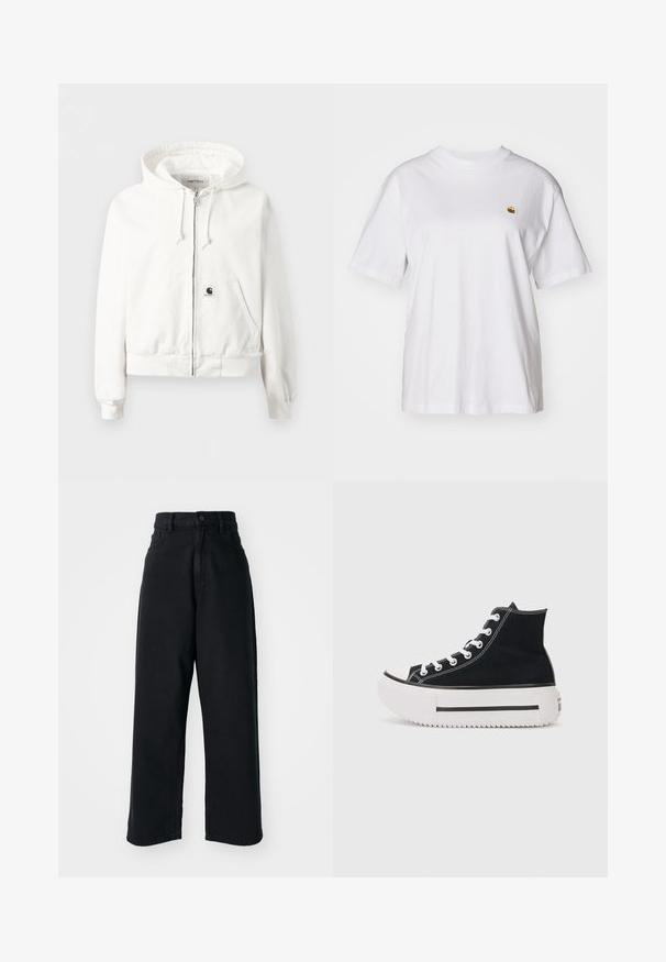 Witte zip-up hoodie met capuchon met trekkoord, voorzakken, geribbelde boorden en zoom, en een klein logoplaatje op de voorzak.; Witte katoenen t-shirt met een relaxte pasvorm, korte mouwen en een klein geborduurd logo op de linkerborst.; Zwarte high-waisted wide-leg jeans met voorzakken en knoopsluiting, weergegeven tegen een witte achtergrond.; Zwarte hoge sneakers van canvas, met witte stiksels, rubberen neuskap, dikke witte plateauzool en zwarte streepdetails.
