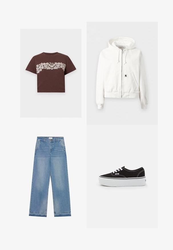 Sweat à capuche blanc zippé avec cordon de serrage, poches avant, poignets et ourlet côtelés, et petit patch logo sur la poche avant.; T-shirt crop marron avec motif floral blanc sur la poitrine et logo "Roxy" au centre.; Jean large taille haute bleu clair avec fermeture à bouton, poches avant, passants de ceinture et détails légèrement décolorés.; Baskets en toile noires avec une semelle en caoutchouc blanc, dotées de lacets et de coutures blanches, marquage emblématique sur le côté, design basse.