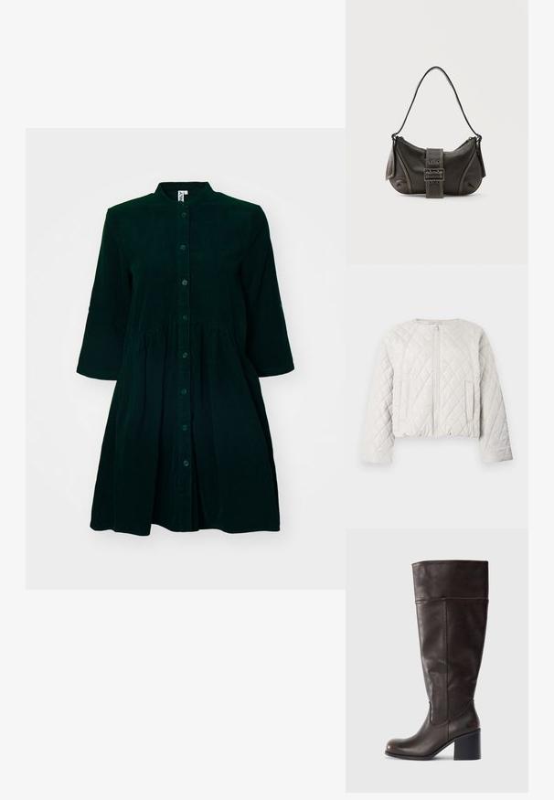 Chaqueta acolchada y recortada en gris claro. Cuenta con cierre frontal de cremallera, escote redondo y dos bolsillos laterales. Textura suave con patrón de rombos.; Vestido de pana verde oscuro con un frente abotonado, cuello mao, mangas a tres cuartos y cintura fruncida para mayor detalle.; Bota de cuero marrón hasta la rodilla con puntera redonda y tacón apilado. Presenta una textura suave y detalle de costura lateral.; Bolso de hombro de cuero negro con detalle de correa con hebilla, bordes curvos y costuras blancas en contraste sobre un fondo liso.