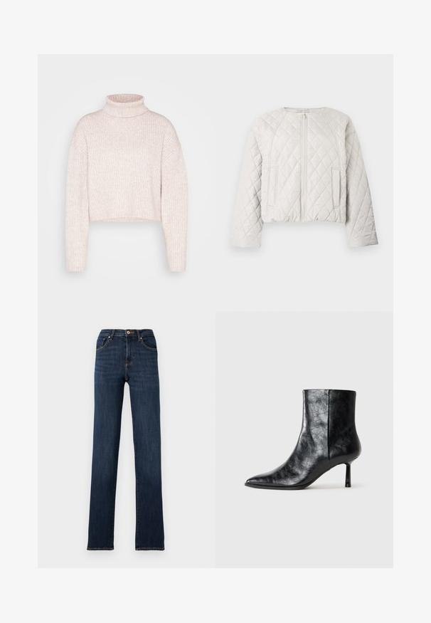 Quiltet, kort jakke i lysegrå. Har lynlås foran, rund halsudskæring og to sidelommer. Glat tekstur med diamantmønster.; Lys rosa ribbet turtleneck sweater, cropped længde, med lange ærmer og en blød tekstur. Minimalistisk design uden synligt hardware.; Mørkeblå straight-leg cowboybukser med forreste knap og lynlås, forlommer og synlige syninger på en ensfarvet baggrund.; Sort læder ankelstøvle med spids tå og en tynd, kort hæl. Har en tekstureret overflade og et rent design med en sømløs side.