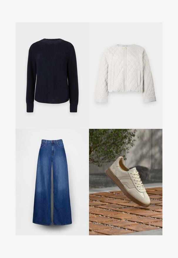 Veste matelassée courte en gris clair. Elle présente une fermeture éclair frontale, un col rond et deux poches latérales. Texture lisse avec un motif en losange.; Pull en maille bleu marine à col rond avec manches longues et poignets côtelés, présenté sur un fond clair uni.; Jean ample en denim bleu, doté d'une taille haute, fermeture par boutons et design à cinq poches. Coupe nette avec une texture lisse.; Baskets couleur crème avec une semelle extérieure en caoutchouc beige texturée, un design à lacets et un marquage subtil sur le côté. Tige en cuir lisse.