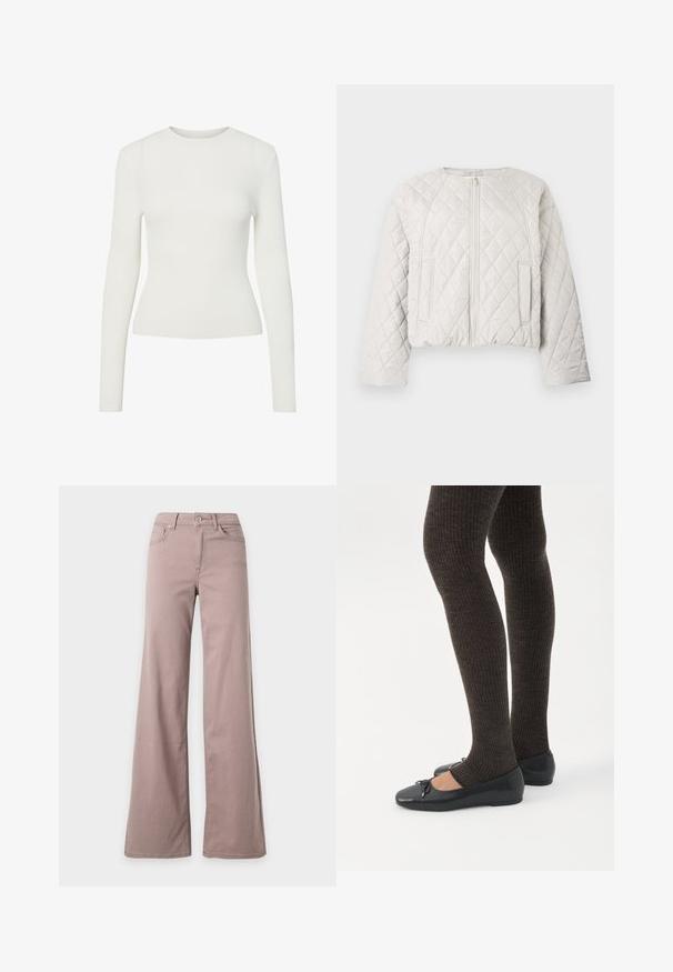 Chaqueta acolchada y recortada en gris claro. Cuenta con cierre frontal de cremallera, escote redondo y dos bolsillos laterales. Textura suave con patrón de rombos.; Camiseta de manga larga blanca de canalé con cuello redondo, forma ajustada y textura suave. Diseño minimalista, sin patrones ni embellishments visibles.; Pantalones de tiro alto y piernas anchas en color malva claro con bolsillos delanteros, trabillas para cinturón y cierre con botón sobre un fondo liso.; Piernas con leggings oscuros acanalados combinados con bailarinas negras que presentan pequeños detalles de lazo sobre un fondo blanco.