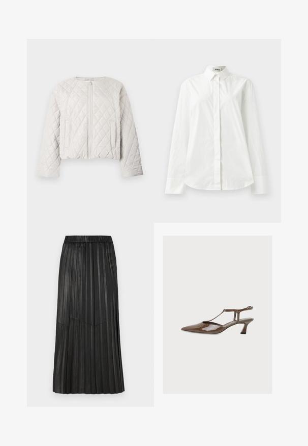 Gewatteerd, kort jasje in lichtgrijs. Voorzien van een voorrits, ronde halslijn en twee zijzakken. Gladde textuur met ruitpatroon.; Witte katoenen blouse met lange mouwen, een puntkraag, knoopsluiting aan de voorkant en een afgeronde zoom. Gladde textuur, normale pasvorm en geen patronen.; Zwarte plissérok van synthetisch materiaal met een elastische tailleband en verticale plooien, voorzien van een V-vormige naaddetail aan de voorkant.; Bruine lakleren slingback pump met spitse neus, T-strap, kleine gekromde hak en enkelgesp op effen achtergrond.