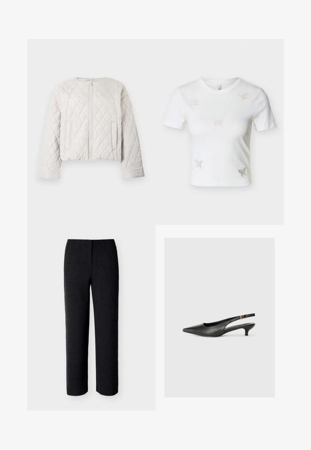 Gewatteerd, kort jasje in lichtgrijs. Voorzien van een voorrits, ronde halslijn en twee zijzakken. Gladde textuur met ruitpatroon.; Witte korte mouw crop-top met vijf kleine vlindervormige strassversieringen aan de voorkant.; Zwarte rechte, op maat gemaakte broek met een middenhoge taille en subtiele voorvouw, gefotografeerd op een effen lichte achtergrond.; Zwarte puntschoen met slingback van soepel leer. Kenmerkt zich door een dunne hak en een gespdetail op de verstelbare band.