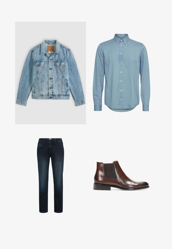 Lyseblå denimjakke med knapper foran, to brystklaplommer med knapper og to sidelommer, lagt fladt på en grå baggrund.; Lyseblå denimskjorte med knap-ned krave, lange ærmer og buet kant. Har forkant med hvide knapper.; Mørk vaskede denimjeans med lige ben, der har fem lommer, knaplukning og subtil fading langs lårene.; Brun læder ankelstøvle med elastiske sidepaneler, en glat overflade, stikninger og en lav rektangulær hæl.