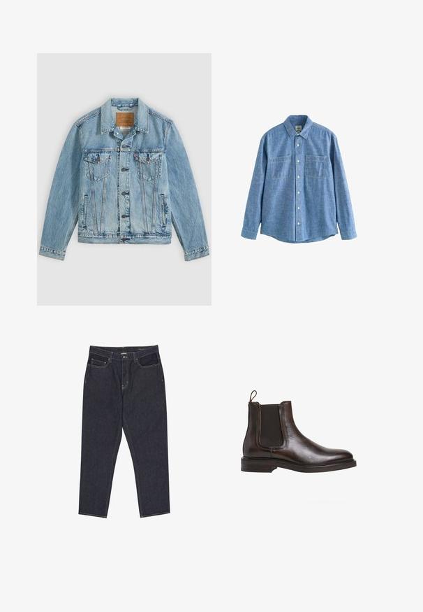Lyseblå denimjakke med knapper foran, to brystklaplommer med knapper og to sidelommer, lagt fladt på en grå baggrund.; Langærmet blå chambray-skjorte med knaplukning foran og to brystlommer, lagt fladt på en hvid baggrund.; Mørkeblå denimjeans med lige ben, forlommer, bæltestropper og synlige syninger på hvid baggrund.; Brune læder Chelsea støvle med elastiske sidepaneler, løkke til at trække op med, og en lav stablet hæl. Glat tekstur og slank silhuet.