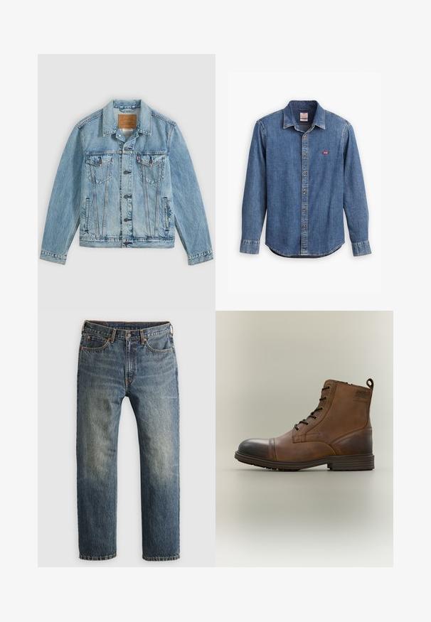 Lyseblå denimjakke med knapper foran, to brystklaplommer med knapper og to sidelommer, lagt fladt på en grå baggrund.; Denimskjorte i mørkeblå med skjortekrave, lange ærmer, stikninger og et lille rødt logo på brystlommen.; Blå, falmede lige ben denim jeans med forlommer, bæltestropper, knap og lynlås lukning på en lys baggrund.; Brun læderstøvle med snørebånd, sort tåhætte, rund sål og mærket detalje på siden mod ensfarvet baggrund.
