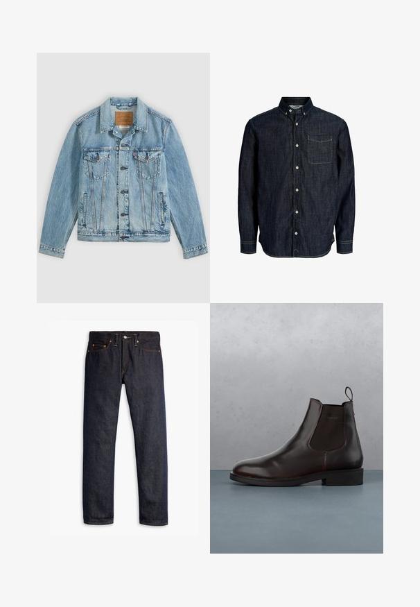 Lichtblauwe spijkerjas met knopen aan de voorkant, twee borstklepzakken met knopen en twee zijpaszakken, plat neergelegd op een grijze achtergrond.; Donkerblauw denim overhemd met lange mouwen, knoopkraag, knopen aan de voorkant en een enkele borstzak met contrasterende stiksels.; Donkerblauwe spijkerbroek met een rechte pasvorm, vijf zakken, koperen klinknagels, gele stiksels en een duidelijke textuur in de stof.; Bruine leren Chelsea-boot met elastische zijpanelen, een trekhaak en een gladde afwerking, geplaatst tegen een gestructureerd oppervlak van baksteen en grind.