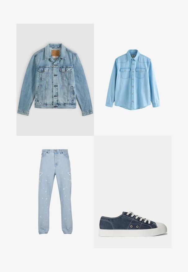 Lyseblå denimjakke med knapper foran, to brystklaplommer med knapper og to sidelommer, lagt fladt på en grå baggrund.; Lyseblå denimskjorte med lange ærmer, knapper foran og to brystlommer med knaplukning.; Lysblå denim jeans med en afslappet pasform, der har stjerneformede udsparinger, malersplatter og et klassisk fem-lomme-design.; Lavtop lærreds-sneaker i mørkeblå med hvid gummisål, hvide snørebånd og metaløjer, vist fra siden på en lys baggrund.