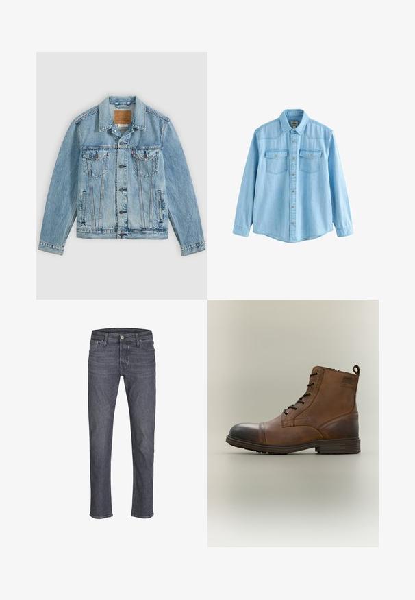 Lichtblauwe spijkerjas met knopen aan de voorkant, twee borstklepzakken met knopen en twee zijpaszakken, plat neergelegd op een grijze achtergrond.; Lichtblauw denim hemd met lange mouwen, knoopsluiting aan de voorkant en twee borstzakken met kleppen en knopen.; Donkere grijze denim jeans met rechte pijpen, voorzien van knoop- en ritssluiting, voor- en achterzakken, en lussen voor een riem.; Bruine leren enkellaars met veters, zwarte neuskap, ronde zool en merkdetail aan de zijkant tegen een effen achtergrond.