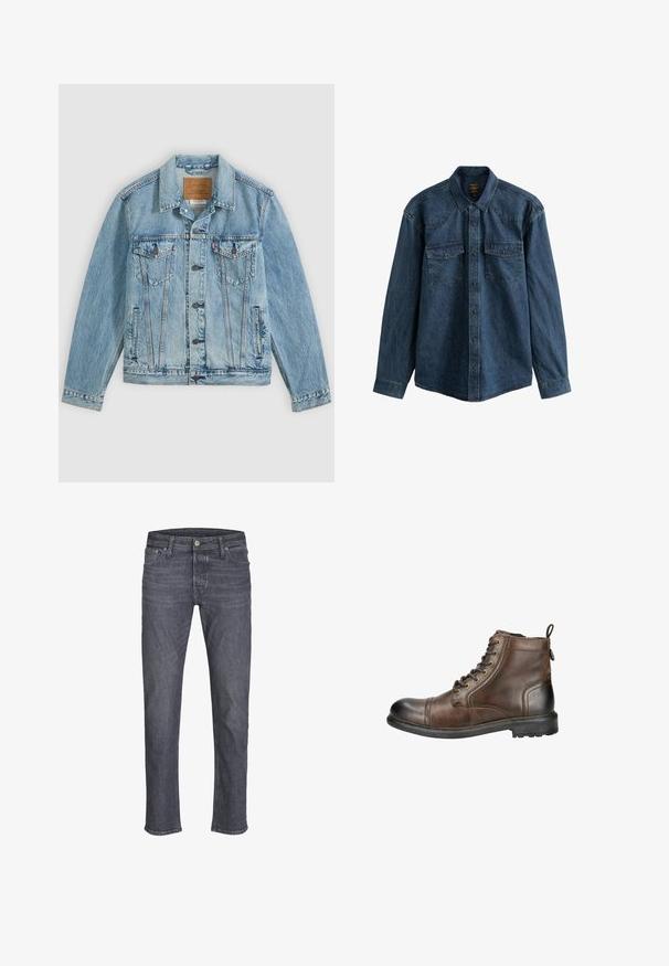 Lyseblå denimjakke med knapper foran, to brystklaplommer med knapper og to sidelommer, lagt fladt på en grå baggrund.; Langærmet mørkeblå cowboyskjorte med knapper foran, spids krave og to brystlommer med klapper og knapper.; Mørkegrå denimjeans med lige ben, knap- og lynlåslukning, for- og baglommer samt bæltestropper.; Brune læder ankelstøvle med rund tå, snørebånd fortil og et hævet træk ved hælen. Har en robust sål med mønster for godt fodfæste.
