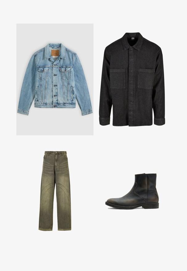 Chaqueta vaquera azul clara con botones delanteros, dos bolsillos de solapa en el pecho con botones y dos bolsillos laterales, colocada plana sobre un fondo gris.; Camisa de mezclilla negra con cuello, cierre frontal de botones y dos bolsillos en el pecho. Presenta mangas largas con puños abotonados y una textura sólida.; Jeans de pierna ancha en denim verde oliva, con acentos de costura curvada, cierre clásico de botón y un acabado desgastado.; AllSaints LANG - Botines - brown