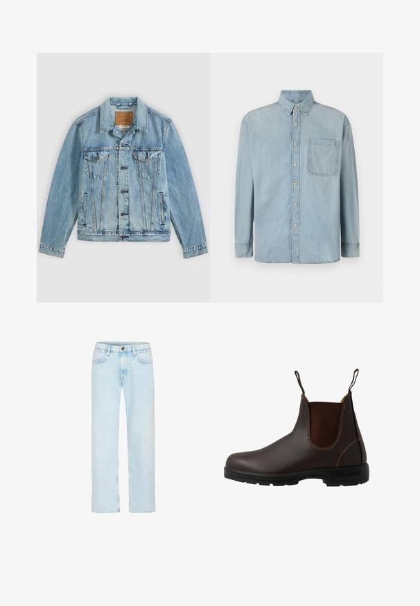 Chaqueta vaquera azul clara con botones delanteros, dos bolsillos de solapa en el pecho con botones y dos bolsillos laterales, colocada plana sobre un fondo gris.; Camisa de mezclilla de color azul claro con mangas largas, cierre de botones en la parte delantera y un bolsillo en el pecho. Presenta un cuello clásico y puños estándar.; Vaqueros azul claro de pierna recta con botón y cremallera delanteros, trabillas para cinturón y bolsillos delanteros sobre un fondo blanco.; Bota Chelsea de cuero marrón con panel elástico lateral, costuras marrones, tiradores y suela de goma resistente con un patrón texturizado.