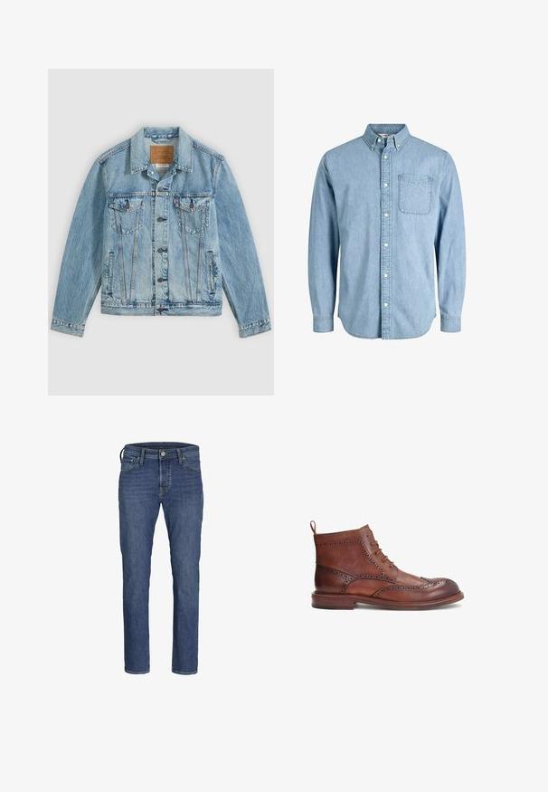 Lichtblauwe spijkerjas met knopen aan de voorkant, twee borstklepzakken met knopen en twee zijpaszakken, plat neergelegd op een grijze achtergrond.; Lichtblauw denim overhemd met knopen, lange mouwen, een kraag, een borstzakje en een subtiele textuur. Voorzien van witte knopen langs het knoopsluiting.; Blauwe denim jeans voor heren met een recht model, vijf-pocketstijl en een klassieke knoop- en ritssluiting.; Bruine leren laars met decoratieve brogue-details, ronde neus, veterontwerp en een lage gestapelde hak. Inclusief een achterste treklus.