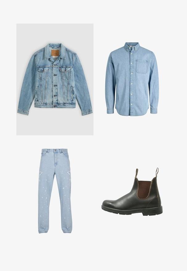 Lyseblå denimjakke med knapper foran, to brystklaplommer med knapper og to sidelommer, lagt fladt på en grå baggrund.; Lyseblå denimskjorte med knapper, lange ærmer, krave, brystlomme og subtil tekstur. Har hvide knapper langs knapstolpen.; Lysblå denim jeans med en afslappet pasform, der har stjerneformede udsparinger, malersplatter og et klassisk fem-lomme-design.; Chelsea støvle lavet af glat sort læder med brune elastiske sidepaneler, kontrastsyet, og en struktureret gummisål.