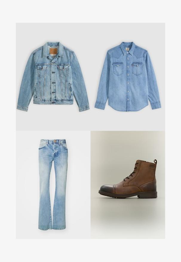 Veste en denim bleu clair avec fermeture à boutons sur le devant, deux poches poitrine à rabat avec boutons et deux poches latérales passepoilées, posée à plat sur un fond gris.; Chemise en denim bleu clair à manches longues, col pointu, deux poches poitrine avec rabats et boutons pression blancs à l'avant.; Jean flare bleu clair en denim, présentant un délavage, des poches avant, des passants de ceinture et une fermeture à bouton en cuivre.; Botte cheville en cuir marron à lacets avec bout noir, semelle ronde et détail de marque sur le côté sur fond uni.