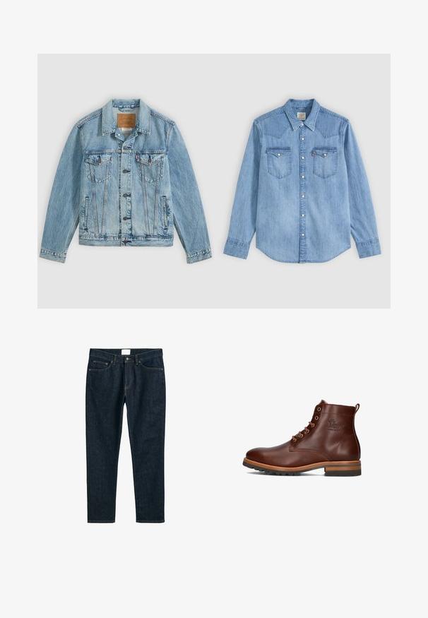 Lichtblauwe spijkerjas met knopen aan de voorkant, twee borstklepzakken met knopen en twee zijpaszakken, plat neergelegd op een grijze achtergrond.; Lichtblauw denim overhemd met lange mouwen, puntkraag, twee borstzakken met kleppen en witte drukknoopjes aan de voorkant.; Donkerblauwe denim jeans, rechte pasvorm, met vijf zakken, knoopsluiting en contrasterende stiksels. Gladde textuur met een klassiek ontwerp.; Bruine leren enkellaars met ronde neus, vetersluiting, contrasterende hak en zolen, en een reliëflogo op de zijkant.