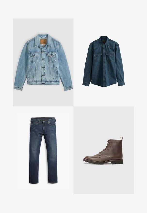Lyseblå denimjakke med knapper foran, to brystklaplommer med knapper og to sidelommer, lagt fladt på en grå baggrund.; Mørkeblå denimskjorte med lange ærmer, spids krave og to frontlommer med trykknapslukninger. Strukturert stof.; Herre mørkeblå jeans med lige ben, fem lommer og knaplukning, vist fladt mod en hvid baggrund.; Hackett London SLOANE APRON - Snørestøvletter - dark mocca brown