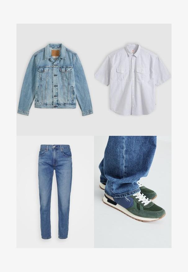 Chaqueta vaquera azul clara con botones delanteros, dos bolsillos de solapa en el pecho con botones y dos bolsillos laterales, colocada plana sobre un fondo gris.; Camisa de manga corta con rayas verticales en gris claro y blanco, con botones al frente, dos bolsillos con solapa delanteros y cuello clásico.; Levi's® 502™ TAPER HI BALL - Vaqueros slim fit - dolf bombay adv; Zapatillas verdes y navy con detalles de malla y ante, cordones blancos y suela beige. Llevadas con jeans de mezclilla azules, mostrando la zona del tobillo.