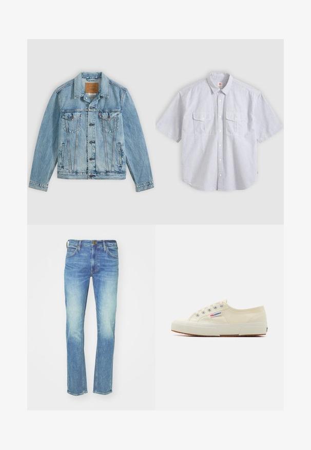 Veste en denim bleu clair avec fermeture à boutons sur le devant, deux poches poitrine à rabat avec boutons et deux poches latérales passepoilées, posée à plat sur un fond gris.; Chemise à manches courtes, rayures verticales grises claires et blanches, boutonnée sur le devant, avec deux poches à rabat et un col classique.; Jean en denim bleu clair avec une coupe droite, texture délavée, cinq poches, quincaillerie en laiton, et détails de couture le long des coutures.; Baskets en toile beige au design épuré, œillets en métal et semelle en caoutchouc. Présente un motif texturé et un détail de logo sur le côté.