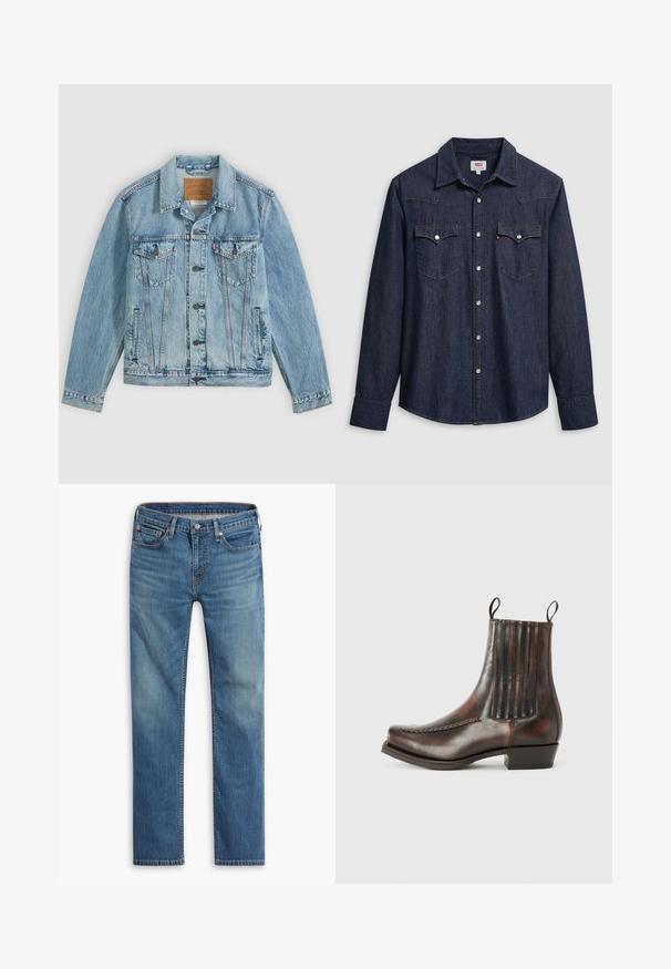 Lichtblauwe spijkerjas met knopen aan de voorkant, twee borstklepzakken met knopen en twee zijpaszakken, plat neergelegd op een grijze achtergrond.; Donkerblauw denimhemd met een puntige kraag, drukknoopsluiting en borstzakken. Heeft stikseldetail en lange mouwen.; Blauwe rechte denim jeans met een sluiting van een knoop en rits aan de voorkant, vijf-pocket ontwerp en subtiele vervaging op de bovenbenen en knieën.; Bordeaux lederen enkelboot met een gladde afwerking, elastische zijpanelen, een ronde neus, decoratieve stiksels en een lage blokhak.