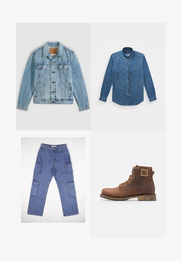 Chaqueta vaquera azul clara con botones delanteros, dos bolsillos de solapa en el pecho con botones y dos bolsillos laterales, colocada plana sobre un fondo gris.; Camisa de denim con mangas largas, cuello abotonado y un sutil patrón de rayas verticales, en un color azul medio con un acento de logo.; Pantalones cargo de mezclilla azul con múltiples bolsillos laterales, un diseño de pierna recta y una cinturilla clásica. La tela tiene una ligera textura y desvanecimiento.; Harley Davidson VNTGMOTO SHORT RIDING APPROVED - Botines camperos - brown