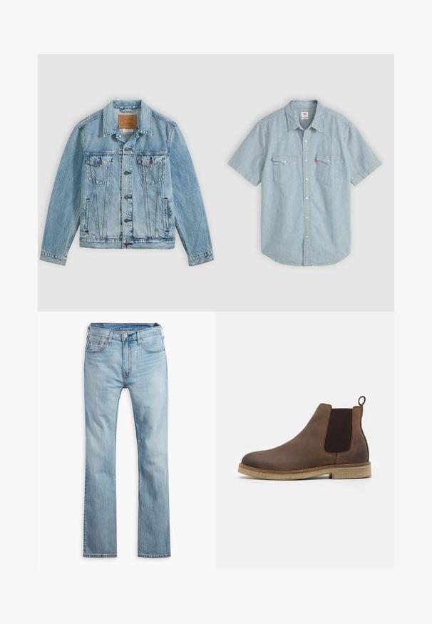 Hellblaue Jeansjacke mit Knopfleiste vorne, zwei Brustklappentaschen mit Knöpfen und zwei seitlichen Leistentaschen, flach auf grauem Hintergrund liegend.; Kurzärmeliges Hemd in Hellblau mit weißen Streifen, ausgestattet mit einem traditionellen Kragen, zwei Brusttaschen und Knopfverschluss. Aus Baumwollmaterial.; Hellblaue Jeans aus Denim, mit geradem Bein, fünf Taschen, kontrastierenden Nähten und einem Knopfverschluss am Bund.; Braune Leder-Chelsea-Stiefel mit elastischen Seitenpaneelen, abgerundeter Zehe, Zuglasche und einer hellbraunen strukturierten Sohle.