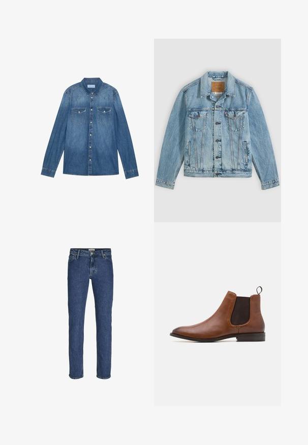 Lyseblå denimjakke med knapper foran, to brystklaplommer med knapper og to sidelommer, lagt fladt på en grå baggrund.; Mørkeblå denimskjorte med lange ærmer, klassisk krave, knaplukning fortil, to brystlommer og kontrasterende stiklinger på sømmene.; Mørkeblå denim jeans med lige ben-design, der har en fem-lomme opsætning, bæltestropper og en metalknap i taljen.; Zign by Zalando LEATHER - Støvletter - cognac