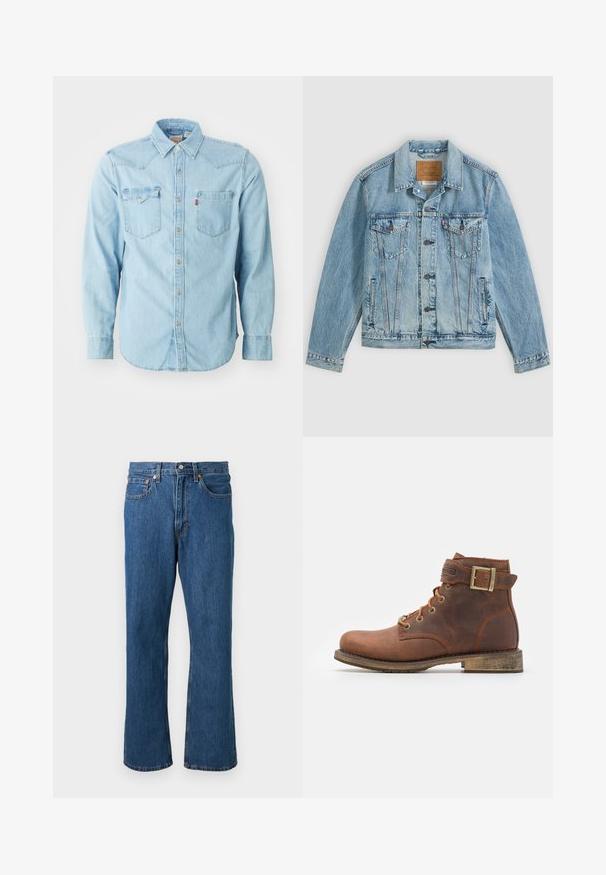 Veste en denim bleu clair avec fermeture à boutons sur le devant, deux poches poitrine à rabat avec boutons et deux poches latérales passepoilées, posée à plat sur un fond gris.; Chemise en denim bleu clair à manches longues avec un col pointu, deux poches poitrine, des boutons-pression argentés et des coutures contrastées. Texture lisse.; Jean droit bleu en denim avec bouton et fermeture éclair à l'avant, cinq poches et détails de coutures orange sur un fond uni.; Harley Davidson VNTGMOTO SHORT RIDING APPROVED - Bottines de cowboy / motard - brown