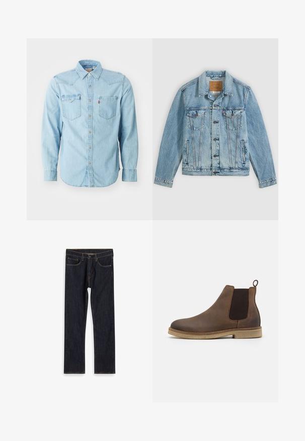 Lyseblå denimjakke med knapper foran, to brystklaplommer med knapper og to sidelommer, lagt fladt på en grå baggrund.; Lys blå denim skjorte med lange ærmer, spids krave, to brystlommer, sølvnapsknapper og kontrastsyninger. Glat tekstur.; Mørkeblå lige ben denim jeans med forlommer, bæltestropper og kontrast orange syninger, lagt fladt på hvid baggrund.; Brune læder Chelsea-støvle med elastiske sidepaneler, afrundet tå, løftestrop og en lys brun struktureret sål.