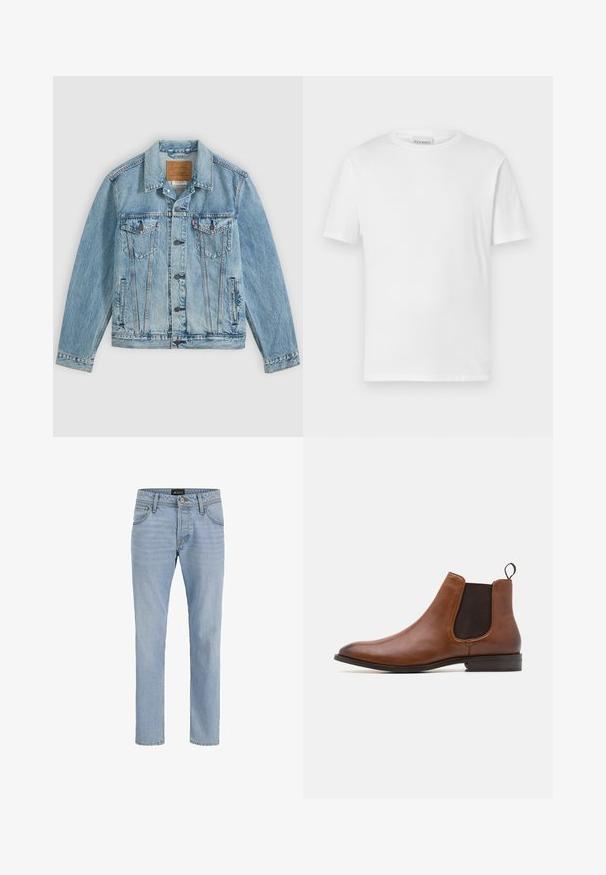 Lyseblå denimjakke med knapper foran, to brystklaplommer med knapper og to sidelommer, lagt fladt på en grå baggrund.; Hvid kortærmet t-shirt lavet af bomuld. Har en rund halsudskæring og lige kant. Ingen mønstre eller udsmykninger. Enkel design.; Lyseblå denimjeans med slim fit, fem-lomme design, subtilt falmet struktur og metaludstyr ved lynlåsen og knaplukningen.; Zign by Zalando LEATHER - Støvletter - cognac