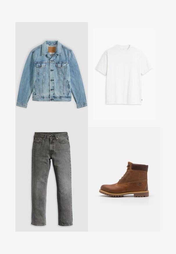 Hellblaue Jeansjacke mit Knopfleiste vorne, zwei Brustklappentaschen mit Knöpfen und zwei seitlichen Leistentaschen, flach auf grauem Hintergrund liegend.; Weißes Baumwoll-T-Shirt mit kurzen Ärmeln, rundem Ausschnitt und einem dezenten "Levi's"-Logo in heller Farbe auf der Vorderseite.; Graue Jeans aus Denim mit geradem Bein, ausgestattet mit fünf Taschen, kupfernen Nieten und sichtbaren Nähten. Klassisches Design mit Reißverschluss.; Braune Lederwanderschuhe mit glatter Oberfläche, gepolstertem Knöchel, Metallösen und einer Gummisohle mit robustem Profil.
