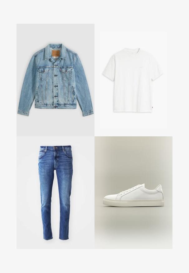 Veste en denim bleu clair avec fermeture à boutons sur le devant, deux poches poitrine à rabat avec boutons et deux poches latérales passepoilées, posée à plat sur un fond gris.; T-shirt en coton blanc à manches courtes, col rond, avec un logo "Levi's" discret imprimé en couleur claire sur le devant.; Jean en denim bleu avec une coupe slim, design à cinq poches et léger délavage. Équipé d'un bouton et d'une fermeture éclair de marque.; Baskets blanches basses à lacets sur l’avant et semelle épaisse, vues de côté sur un fond neutre.