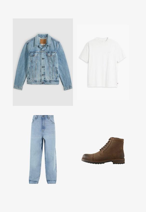 Chaqueta vaquera azul clara con botones delanteros, dos bolsillos de solapa en el pecho con botones y dos bolsillos laterales, colocada plana sobre un fondo gris.; Camiseta de algodón blanca con mangas cortas, cuello redondo y un sutil logo "Levi's" impreso en color claro en la parte frontal.; Jeans de denim azul claro con ajuste holgado, cintura alta y cinco bolsillos. Presenta presillas para el cinturón y un cierre de botón. Textura suave.; Bota de cuero marrón hasta el tobillo con cordones delanteros y suela rugosa, diseñada para uso casual o al aire libre.