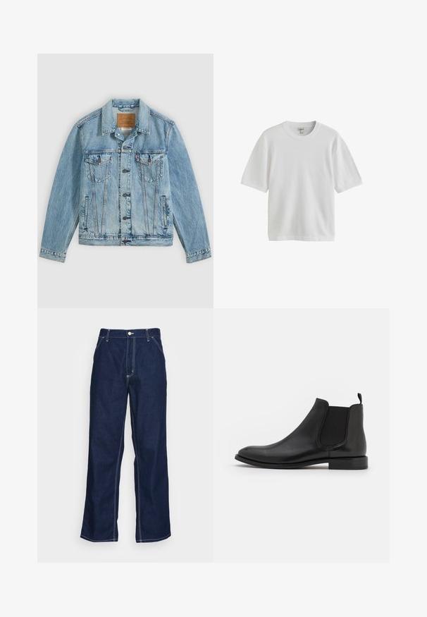 Hellblaue Jeansjacke mit Knopfleiste vorne, zwei Brustklappentaschen mit Knöpfen und zwei seitlichen Leistentaschen, flach auf grauem Hintergrund liegend.; Einfaches weißes T-Shirt mit kurzen Ärmeln und rundem Halsausschnitt, vor weißem Hintergrund dargestellt.; Dunkelblaue Denim-Hosen mit weitem Bein, hoher Taille, Fronttaschen und kontrastierendem weißen Nähten entlang der Säume.; Schwarze Leder-Chelsea-Stiefel mit elastischen seitlichen Riemen, einer abgerundeten Kappe und einem niedrigen Absatz. Glatte Textur mit minimalistischer Gestaltung.