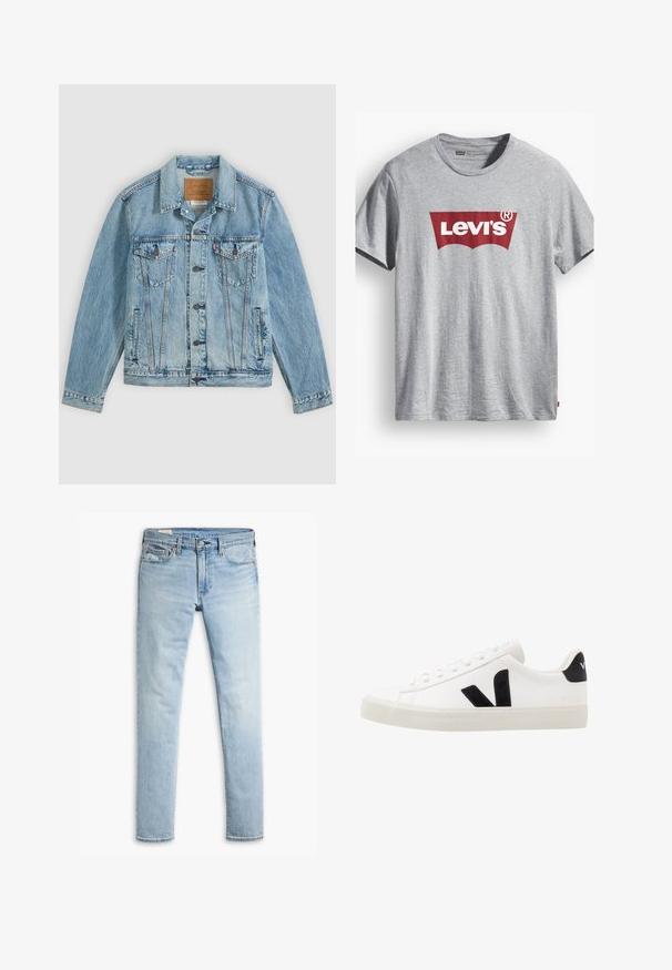 Hellblaue Jeansjacke mit Knopfleiste vorne, zwei Brustklappentaschen mit Knöpfen und zwei seitlichen Leistentaschen, flach auf grauem Hintergrund liegend.; Graues Baumwoll-T-Shirt mit einem roten Levi's-Logo in geschwungener Form. Kurzärmlig, Rundhalsausschnitt und ein Etikett am unteren linken Rand.; Helle blaue, schmal geschnittene Jeans aus Denim mit Knopf- und Reißverschluss, Fronttaschen und Gürtelschlaufen auf weißem Hintergrund.; Weiße Leder-Sneaker mit schwarzen Wildlederelementen; verfügen über eine Gummisohle, eine runde Spitze und ein klassisches Schnürdesign. Seitliches Logo in Schwarz.