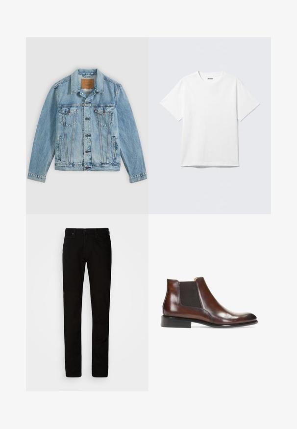 Veste en denim bleu clair avec fermeture à boutons sur le devant, deux poches poitrine à rabat avec boutons et deux poches latérales passepoilées, posée à plat sur un fond gris.; T-shirt blanc à manches courtes et col rond, étalé à plat, design uni, avec l'étiquette "WEEKDAY" à l'intérieur du col sur un fond clair.; Chino en coton noir avec une coupe slim, fermeture par bouton supérieur et design à cinq poches. Doté de passants de ceinture et d'une texture lisse et uniforme.; Bottine en cuir marron avec des panneaux latéraux élastiques, une finition lisse, des coutures décoratives et un talon rectangulaire bas.