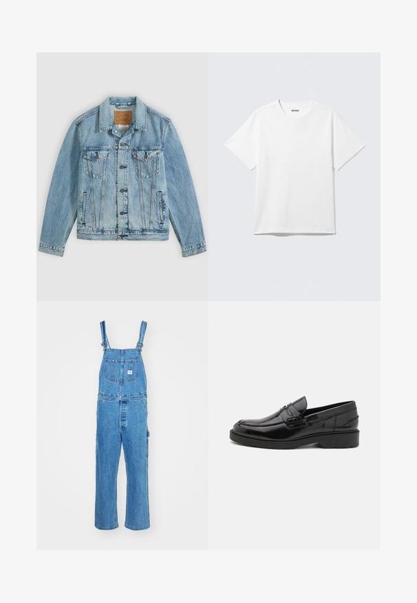 Hellblaue Jeansjacke mit Knopfleiste vorne, zwei Brustklappentaschen mit Knöpfen und zwei seitlichen Leistentaschen, flach auf grauem Hintergrund liegend.; Weißes T-Shirt mit kurzen Ärmeln und Rundhalsausschnitt, flach liegend, schlichtes Design, mit „WEEKDAY“-Etikett innen im Kragen auf hellem Hintergrund.; Denim-Overalls mit verstellbaren Trägern, weitem Bein und einer Vordertasche mit Etikett. Hellblaue Farbe mit strukturierter Oberfläche.; Schwarze Lederloafers mit glatter Oberfläche, abgerundetem Zehenbereich, niedrigem Absatz und dekorativer Naht entlang der Vorderseite. Gummisohle für guten Halt.