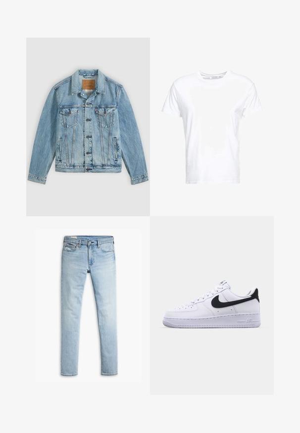 Hellblaue Jeansjacke mit Knopfleiste vorne, zwei Brustklappentaschen mit Knöpfen und zwei seitlichen Leistentaschen, flach auf grauem Hintergrund liegend.; Weißes Baumwoll-T-Shirt mit rundem Ausschnitt und kurzen Ärmeln, im klassischen Schnitt und mit glatter Textur. Keine sichtbaren Muster oder Hardware.; Helle blaue, schmal geschnittene Jeans aus Denim mit Knopf- und Reißverschluss, Fronttaschen und Gürtelschlaufen auf weißem Hintergrund.; Weißes Leder-Sneaker mit einem strukturierten schwarzen Swoosh, flachen Schnürsenkeln und einer Gummisohle mit genoppetem Muster. "AIR" ist auf der Ferse eingeprägt.
