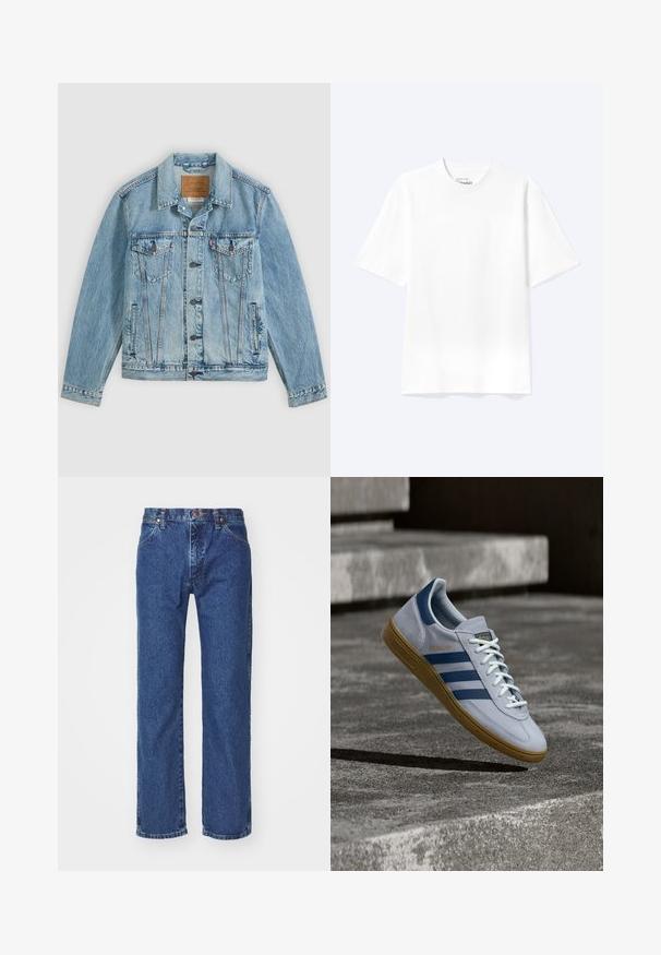 Lyseblå denimjakke med knapper foran, to brystklaplommer med knapper og to sidelommer, lagt fladt på en grå baggrund.; Enkel hvid T-shirt med korte ærmer og rund hals med afslappet pasform, vist på en lys baggrund.; Straight-leg blå denim jeans med frontknap, lynlås, bæltestropper og fem-lomme design på en ensfarvet hvid baggrund.; Lyseblå Adidas Spezial sneakers med marineblå striber og gummisål, vist i luften over betontrapper i et neutralt udendørsmiljø.