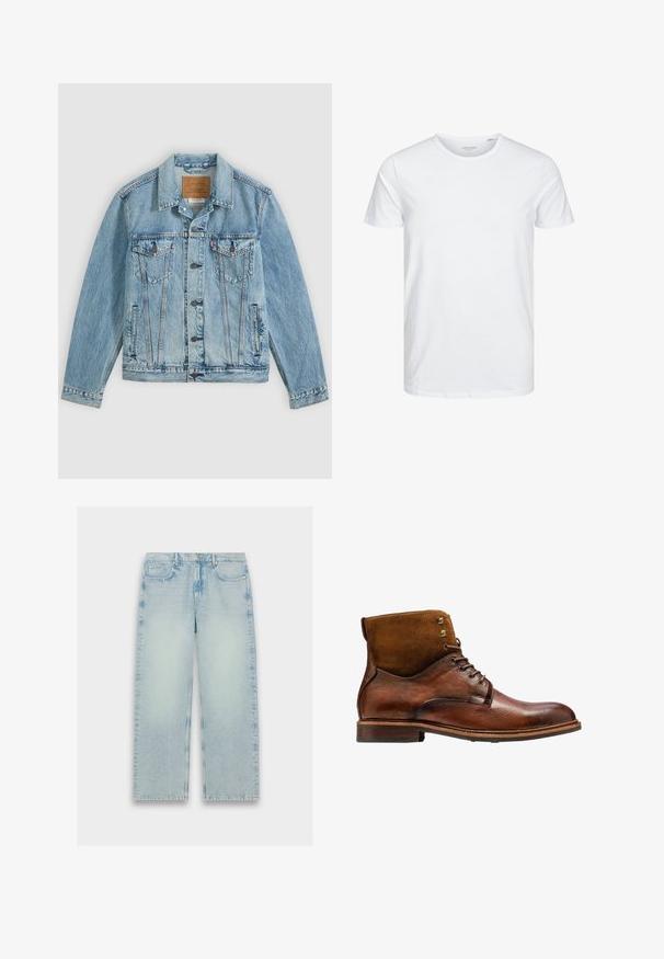 Hellblaue Jeansjacke mit Knopfleiste vorne, zwei Brustklappentaschen mit Knöpfen und zwei seitlichen Leistentaschen, flach auf grauem Hintergrund liegend.; Rundhals-T-Shirt mit kurzen Ärmeln in reinem Weiß, aus weicher Baumwolle, mit einem schlichten Design ohne sichtbare Muster oder Akzente.; Helle blaue, hochtaillierte Jeans mit geradem Bein, verblasster Textur und klassischem Fünf-Taschen-Design.; Kazar ALID - Schnürstiefelette - brown