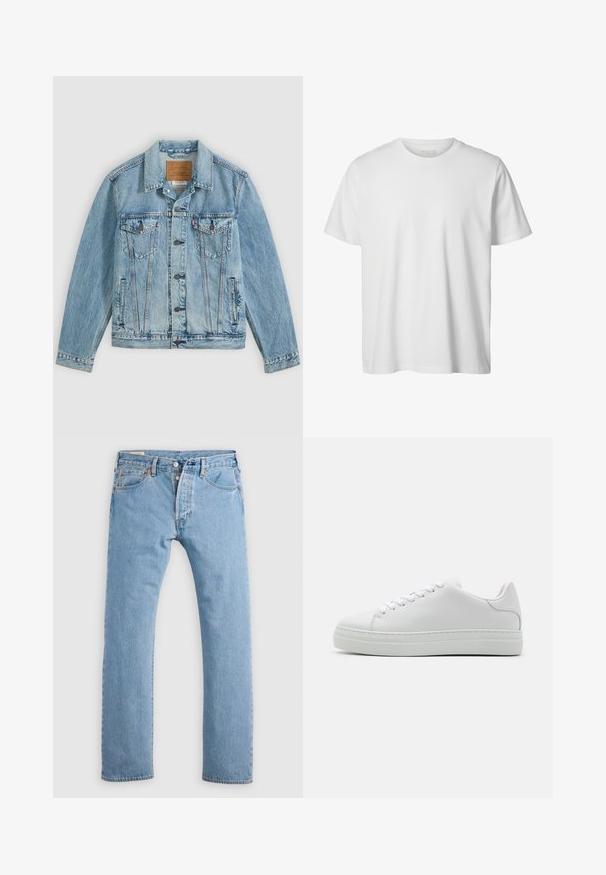Veste en denim bleu clair avec fermeture à boutons sur le devant, deux poches poitrine à rabat avec boutons et deux poches latérales passepoilées, posée à plat sur un fond gris.; T-shirt blanc uni à manches courtes, col rond, coupe décontractée, sans logos ni motifs visibles à l'avant.; Jean en denim droit bleu clair avec fermeture à boutons, passants de ceinture, et poches avant et arrière, présenté sur un fond blanc.; Baskets en cuir blanc avec une semelle plateforme imposante, bout rond et six œillets. Texture lisse avec de subtiles détails de couture.