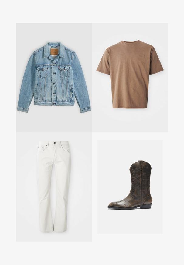 Hellblaue Jeansjacke mit Knopfleiste vorne, zwei Brustklappentaschen mit Knöpfen und zwei seitlichen Leistentaschen, flach auf grauem Hintergrund liegend.; Braunes Baumwoll-T-Shirt mit Rundhalsausschnitt, kurzen Ärmeln und einem dezenten gestickten Logo auf der linken Brustseite. Glatte Textur, lockerer Schnitt.; Helle Jeans aus Baumwollmischung. Gerades Bein-Design mit Fünf-Taschen-Stil und Metallknopfverschluss. Glatte Textur.; Braune Leder-Cowboystiefel mit hohem Schaft, spitzem Zehenbereich, aufwendigen Stickmustern und kleinem Absatz. Strukturierte Oberflächenbeschaffenheit.