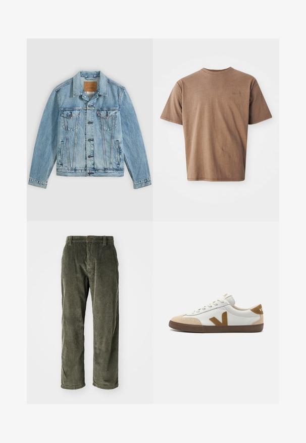 Chaqueta vaquera azul clara con botones delanteros, dos bolsillos de solapa en el pecho con botones y dos bolsillos laterales, colocada plana sobre un fondo gris.; Camiseta de algodón marrón con cuello redondo, mangas cortas y un discreto logo bordado en la parte izquierda del pecho. Textura suave, ajuste relajado.; Pantalones de pana color verde oliva con acanalado vertical, que presentan un cierre de botón y un diseño de pierna recta. Textura suave con un ajuste clásico.; Zapatillas blancas con acentos de gamuza color marrón, con una suela de goma texturizada en marrón, cierre de cordones y un logo en el talón.